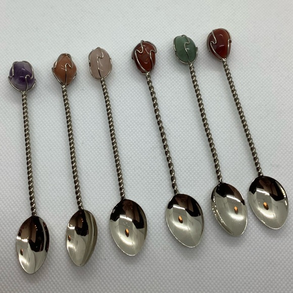 Silver Tone Twisted Semi Precious Gemstone Handle Demitasse Spoons Set of 6 - Picture 3 of 16